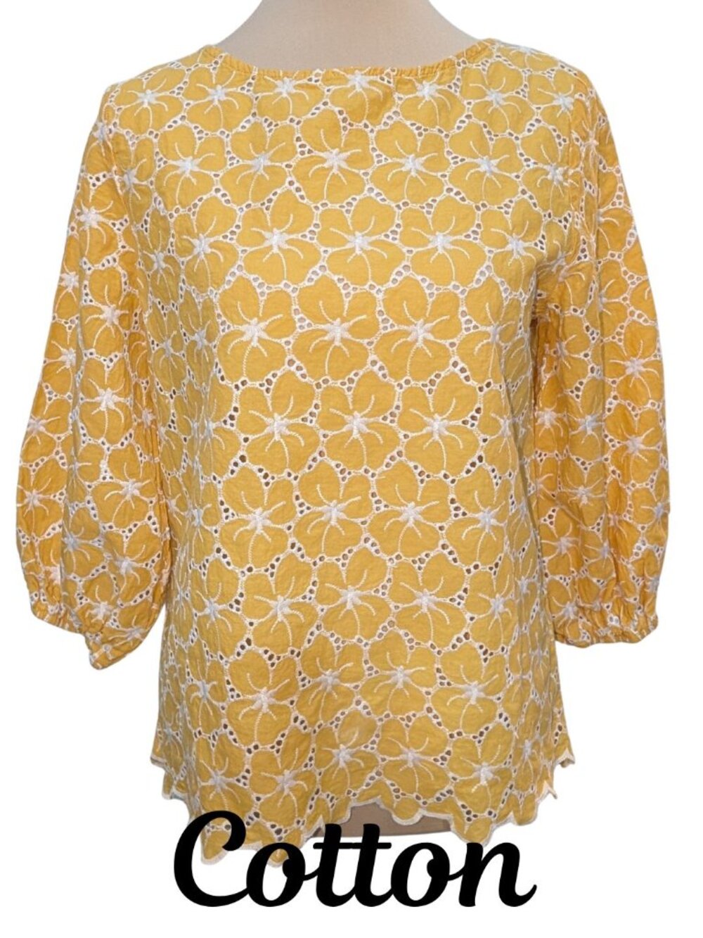 Kindred Brand Size Small Petite Yellow Floral Eyelet 100% Cotton Blouse